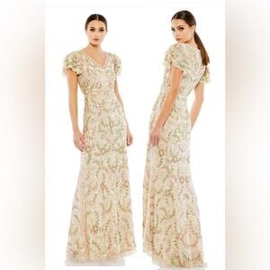 MacDuggal EMBELLISHED RUFFLED CAP SLEEVE V NECK GOWN